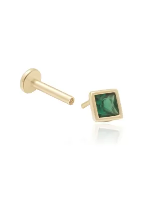 14K Gold Princess Cut Emerald Tragus Helix Internally Threaded Flat Back Earring Labret Stud