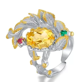 925 Sterling Silver Flower and Leaves Design Citrine Ring