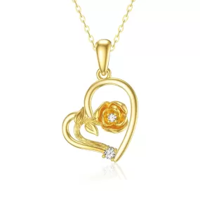 9K Solid Yellow Gold Rose Flower Pendant Necklace