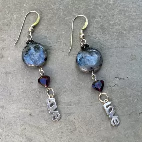 Black Labradorite, Garnet Gemetone Hearts, Sterling Silver Drop Earrings