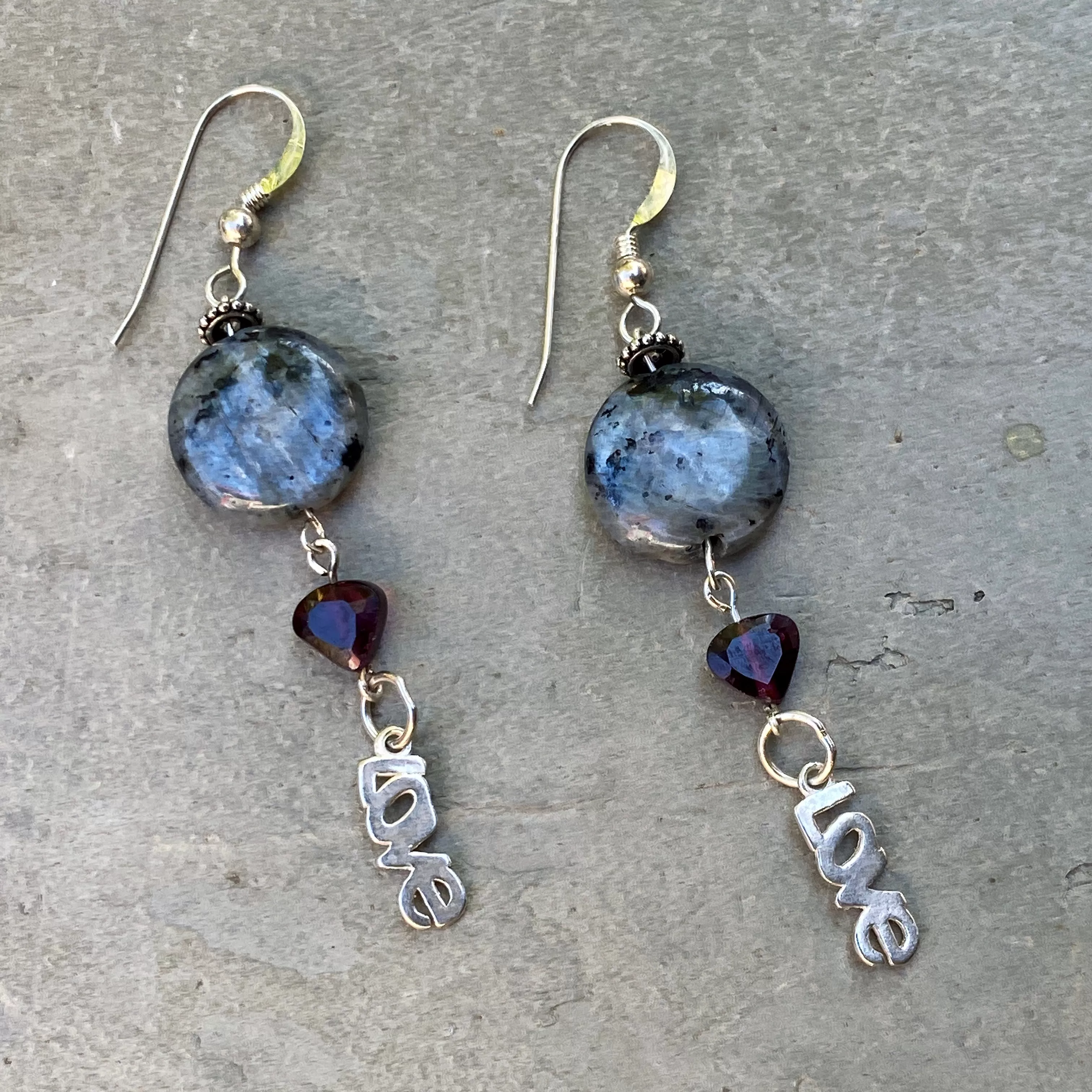 Black Labradorite, Garnet Gemetone Hearts, Sterling Silver Drop Earrings