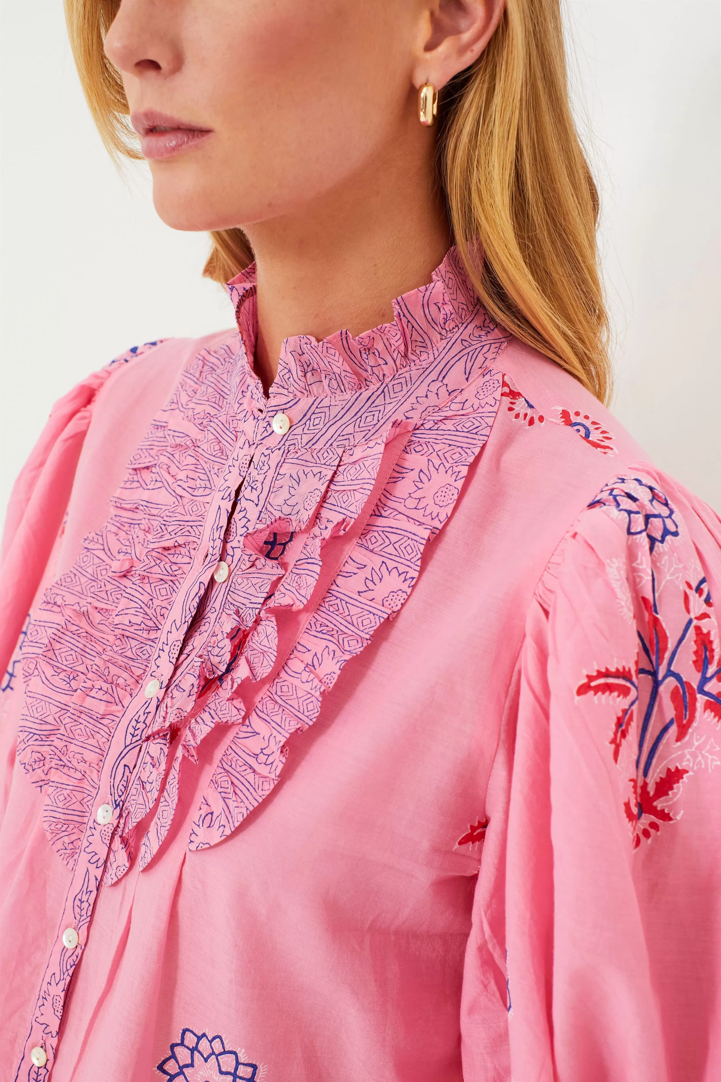 Boca Pink Ruffle Front Button Blouse