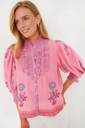 Boca Pink Ruffle Front Button Blouse