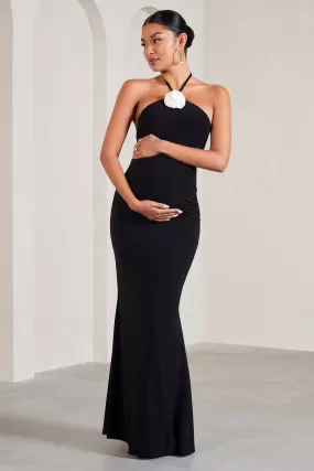 Loving | Black Halter-Neck Maternity Maxi Dress With Flower Corsage