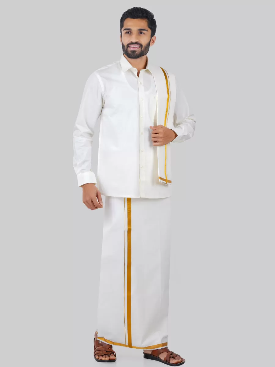 Men Cream Full Sleeves Shirt 1/2 inch Gold Jari Single Dhoti & Towel Combo