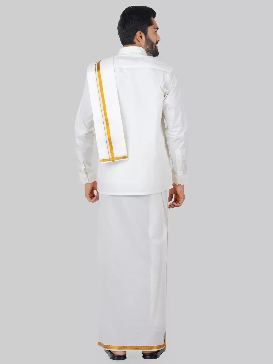 Men Cream Full Sleeves Shirt 1/2 inch Gold Jari Single Dhoti & Towel Combo