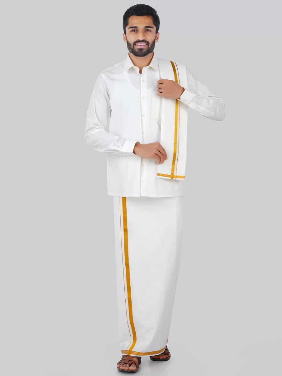 Men Cream Full Sleeves Shirt 1/2 inch Gold Jari Single Dhoti & Towel Combo