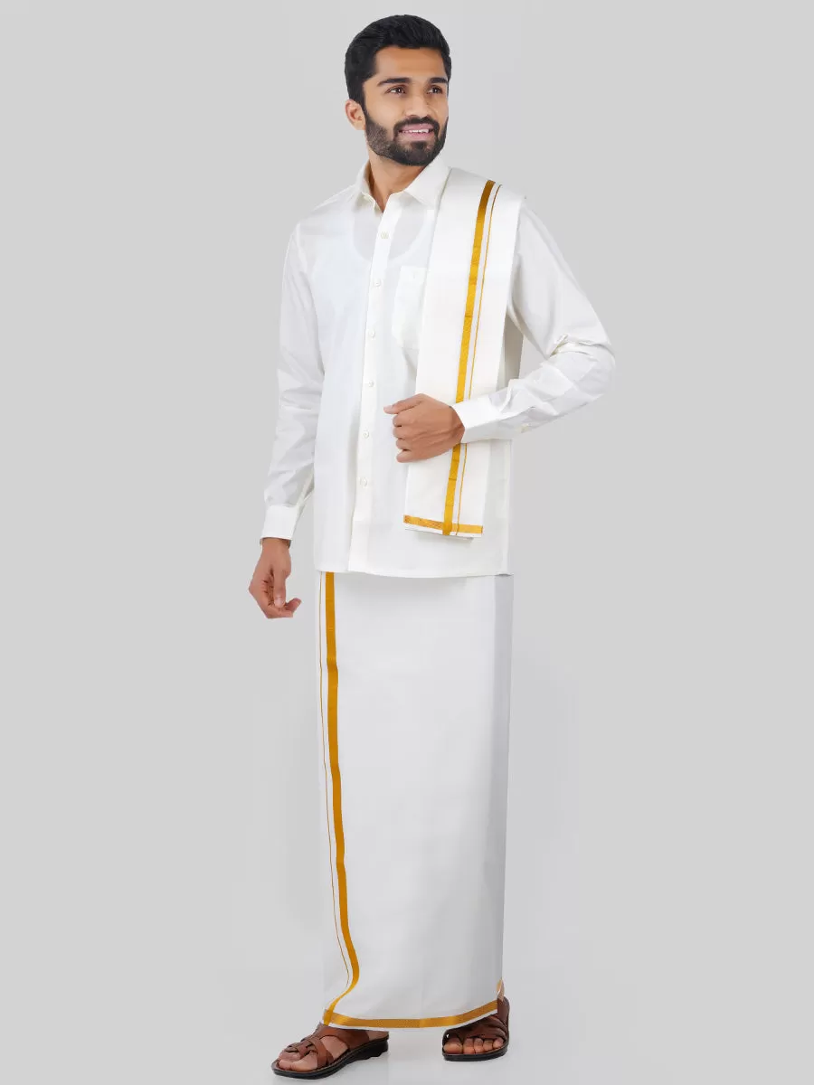 Men Cream Full Sleeves Shirt 1/2 inch Gold Jari Single Dhoti & Towel Combo