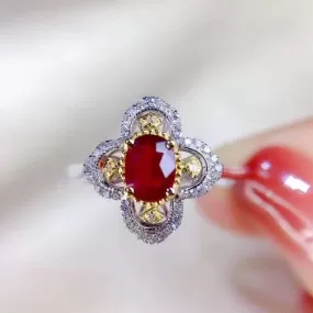 New Gold Flower Pattern Ruby Gemstone Palace Adjustable Ring